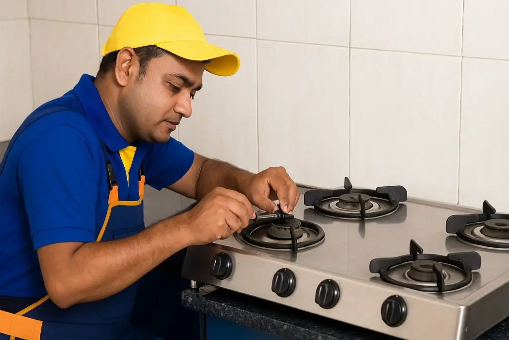 Indian gas stove technician checking burner
