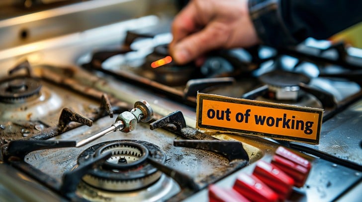 Damaged gas stove marked out of working