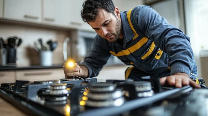 Gas stove technician inspecting burner closely